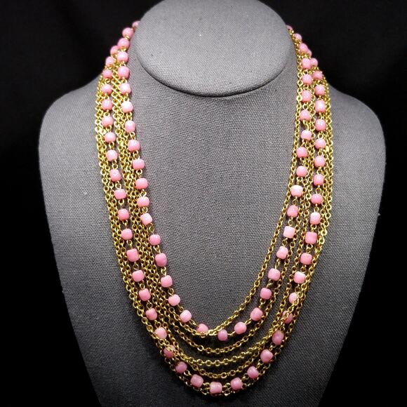 Vintage Pink Glass Multi Strand Necklace, Wide Gold Plated Clasp, 1950s - Picture 2 of 10